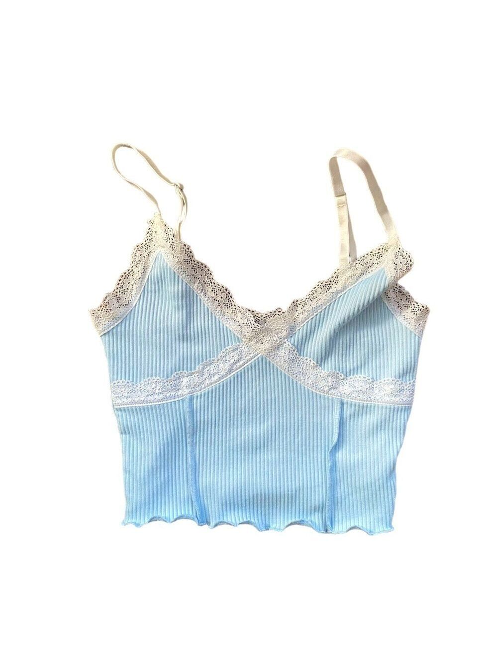 2/$10 Divided Light Blue with Off-White Lace Trim Cropped Tank Size XS - Picture 1 of 11